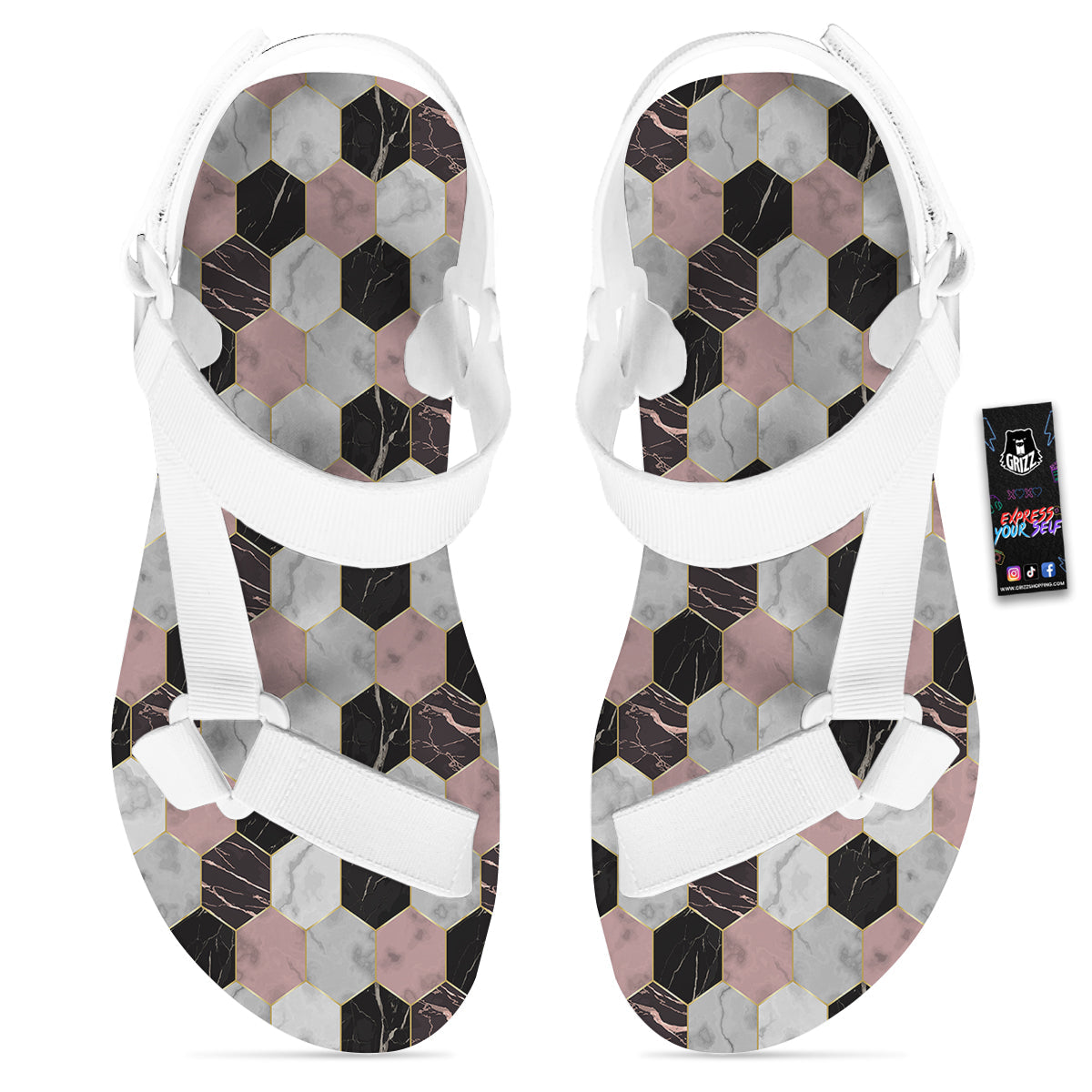 Hexagon Marble White Pink And Black Print White Open Toe Sandals-grizzshop