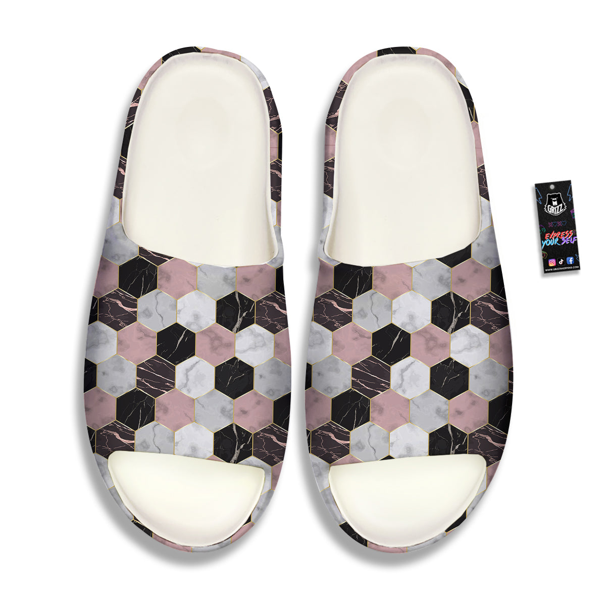 Hexagon Marble White Pink And Black Print Sandals-grizzshop
