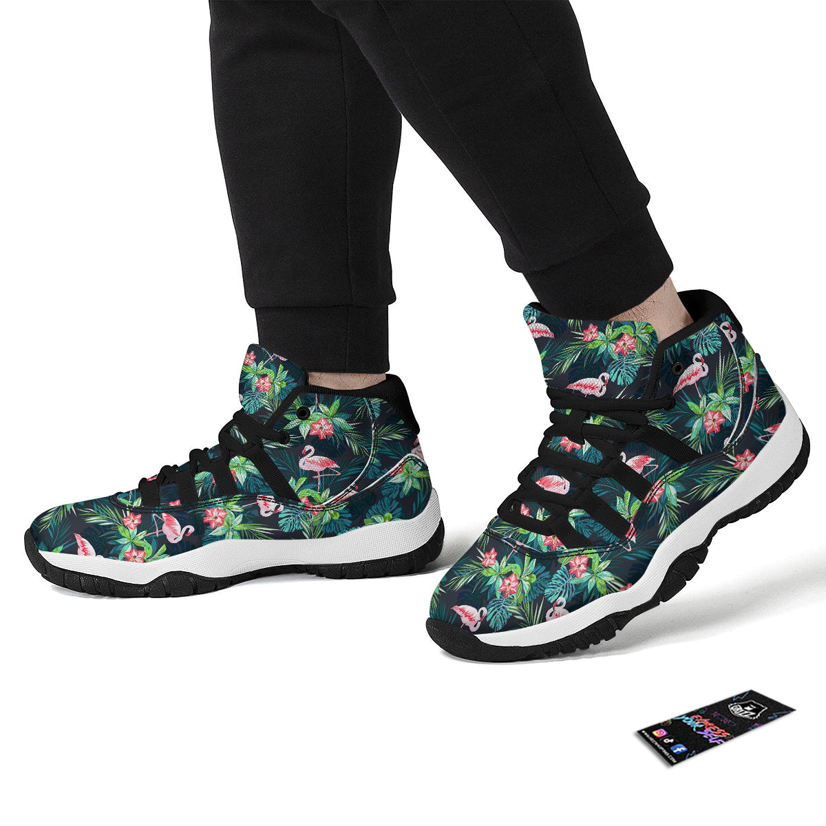 Hibiscus And Tropical Flamingo Print Pattern Black Bball Shoes-grizzshop
