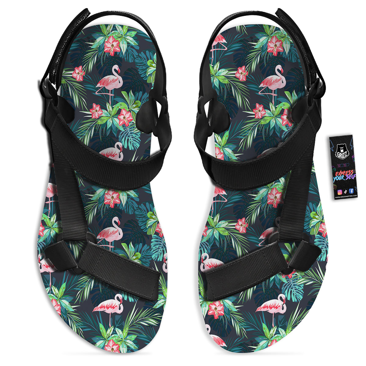 Hibiscus And Tropical Flamingo Print Pattern Black Open Toe Sandals-grizzshop