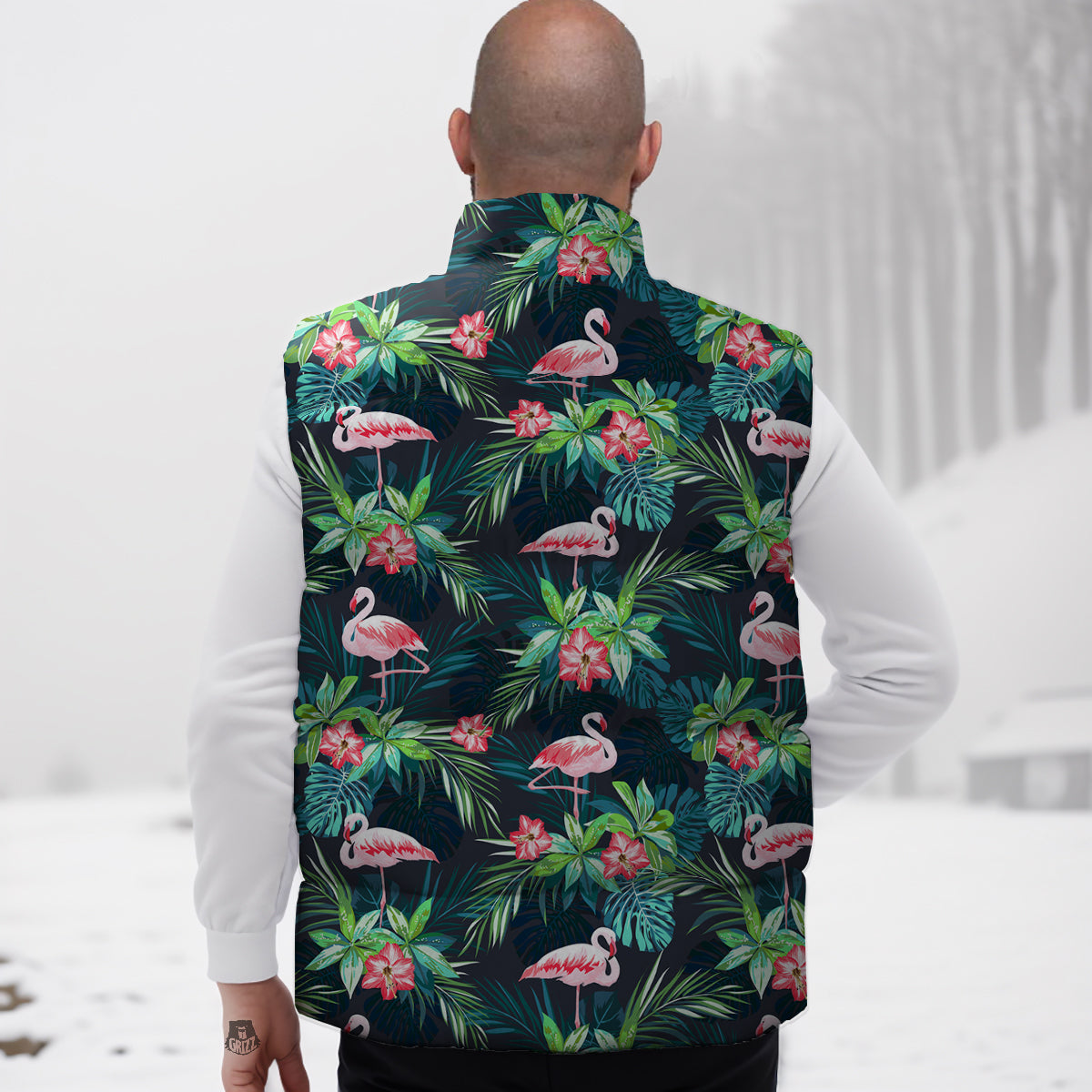Hibiscus And Tropical Flamingo Print Pattern Down Vest-grizzshop