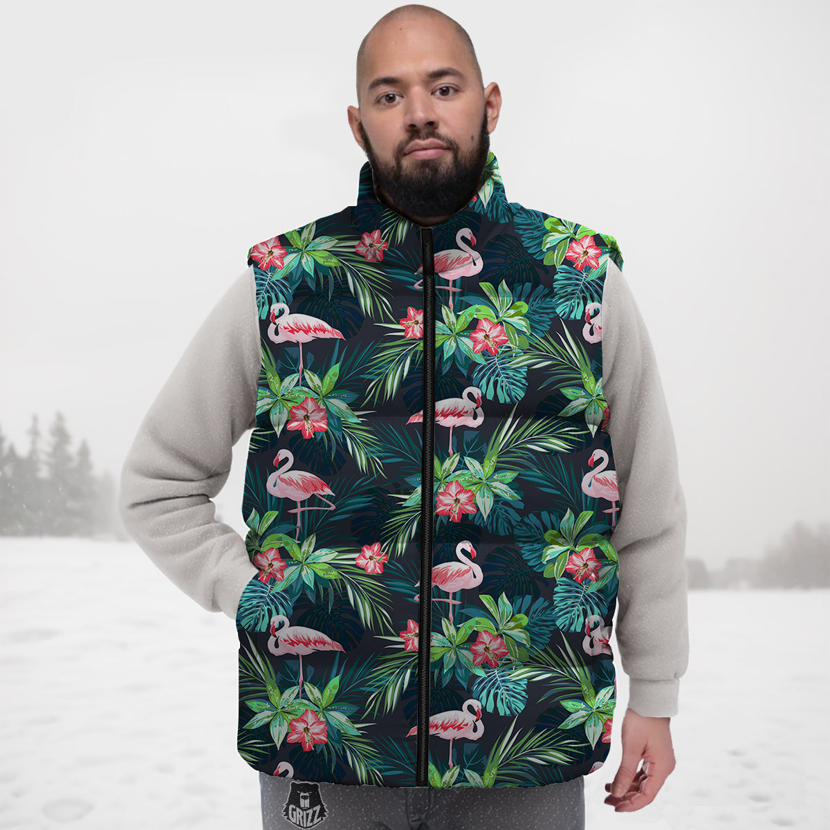 Hibiscus And Tropical Flamingo Print Pattern Down Vest-grizzshop