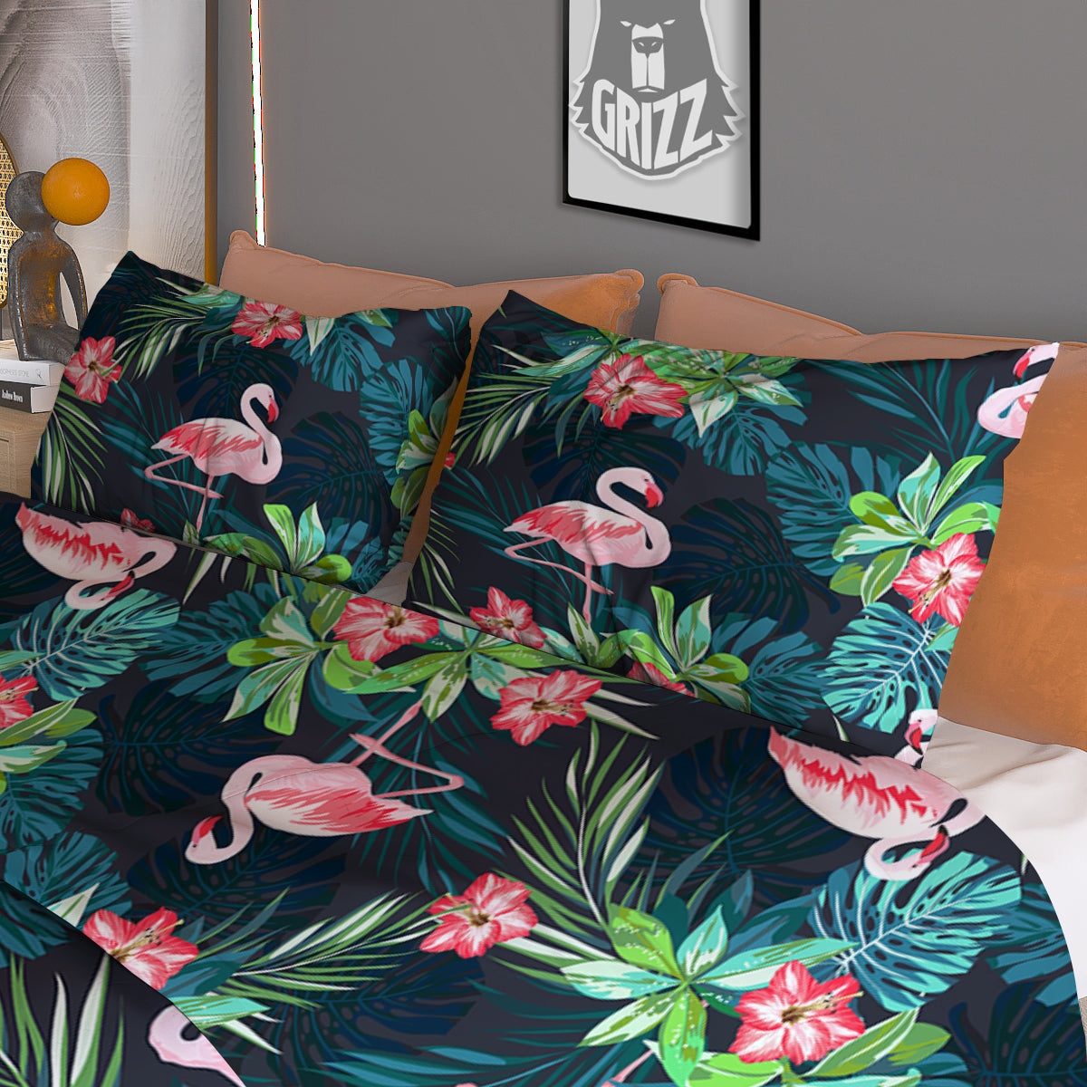 Hibiscus And Tropical Flamingo Print Pattern Duvet Cover Bedding Set-grizzshop