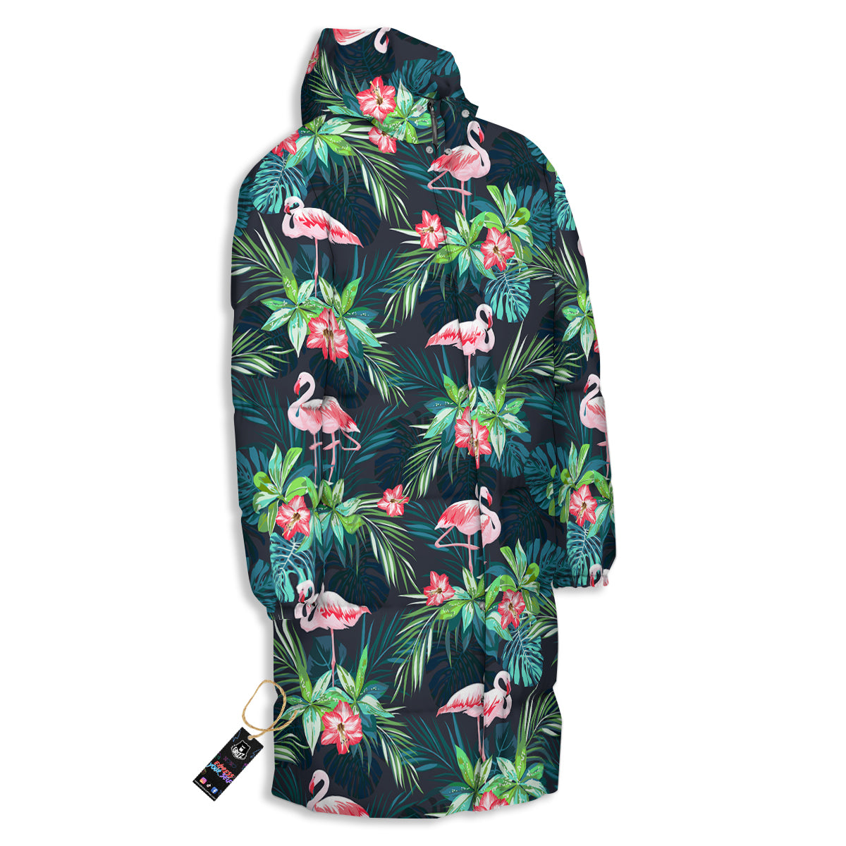 Hibiscus And Tropical Flamingo Print Pattern Long Down Jacket-grizzshop