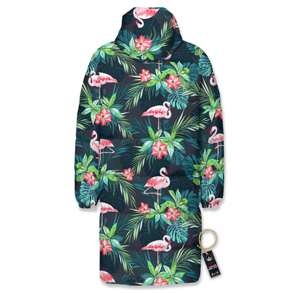 Hibiscus And Tropical Flamingo Print Pattern Long Down Jacket-grizzshop