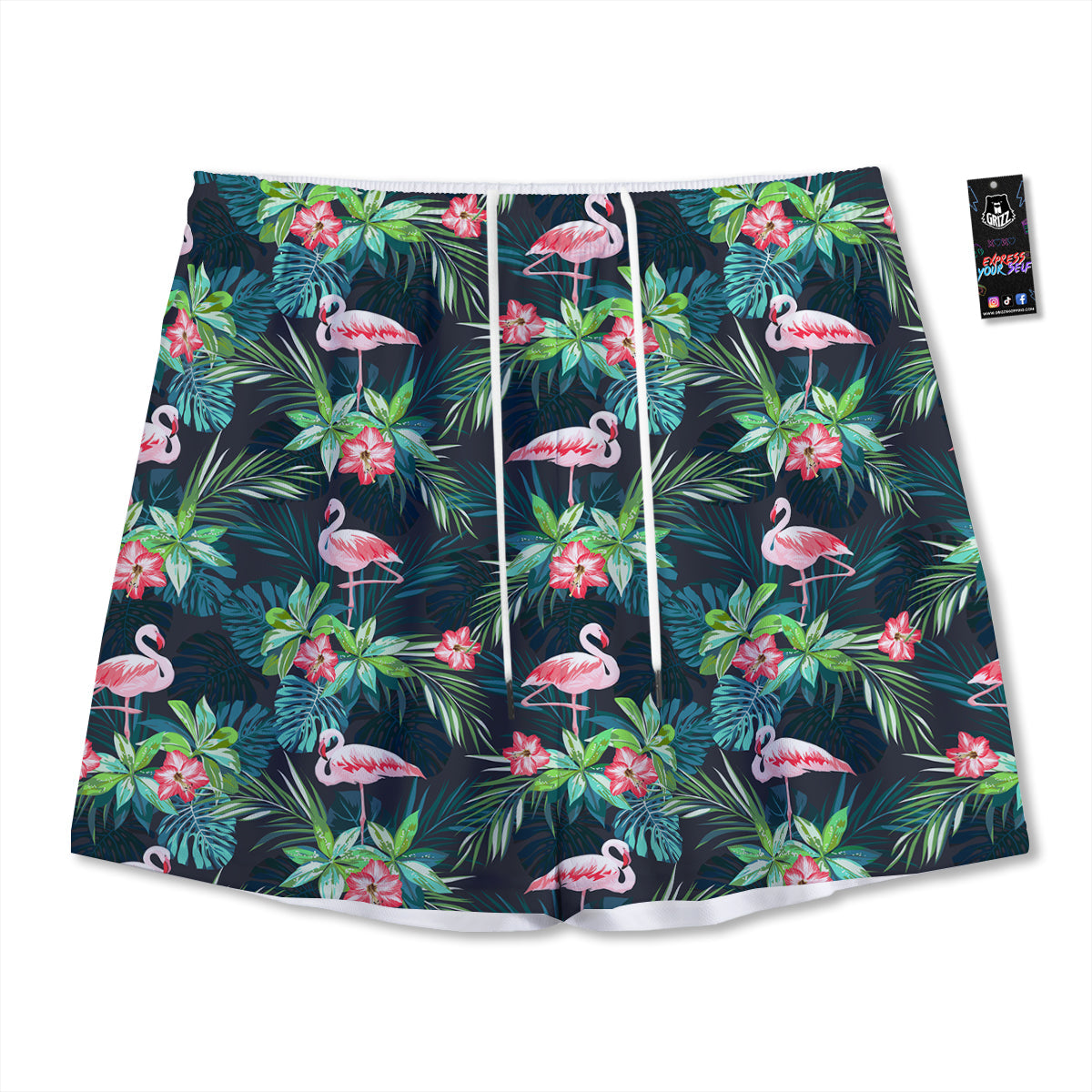 Hibiscus And Tropical Flamingo Print Pattern Mesh Shorts-grizzshop