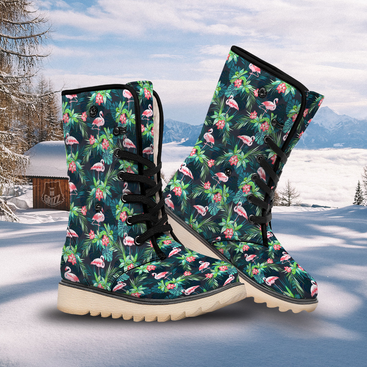 Hibiscus And Tropical Flamingo Print Pattern Snow Boots-grizzshop