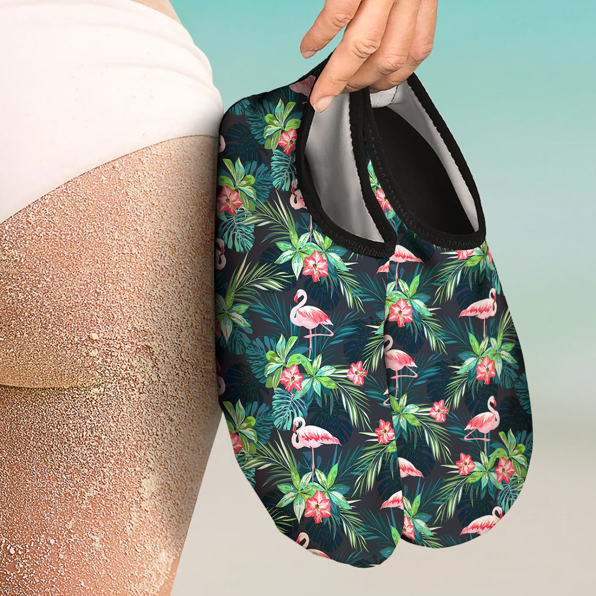 Hibiscus And Tropical Flamingo Print Pattern Water Shoes-grizzshop