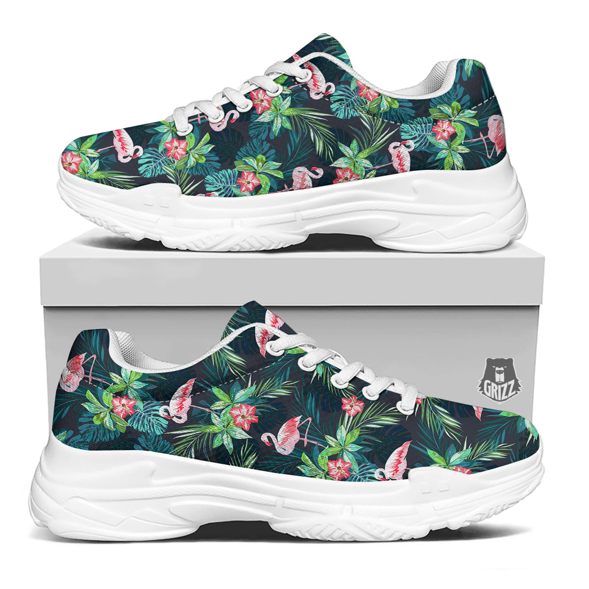 Hibiscus And Tropical Flamingo Print Pattern White Chunky Shoes-grizzshop