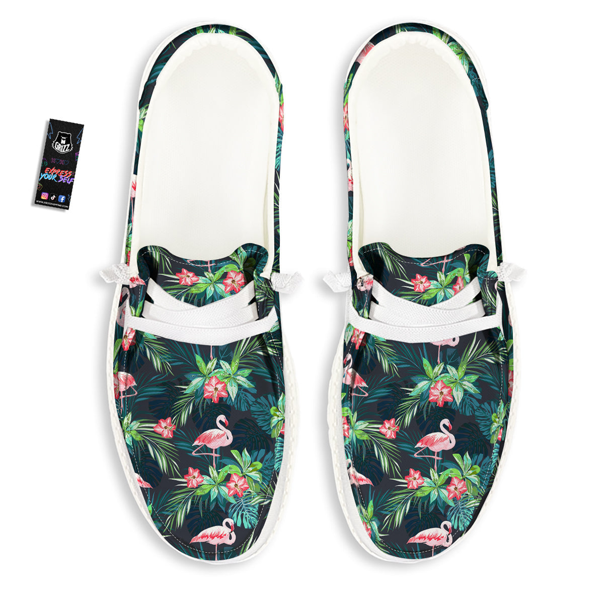 Hibiscus And Tropical Flamingo Print Pattern White Loafers-grizzshop