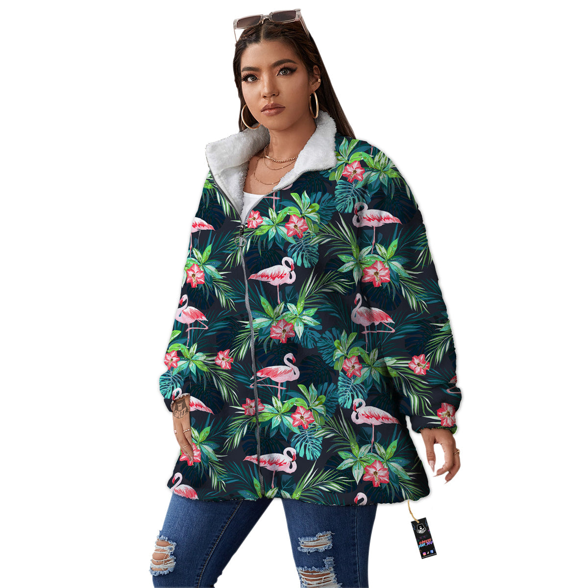 Hibiscus And Tropical Flamingo Print Pattern Women's Sherpa Jacket-grizzshop