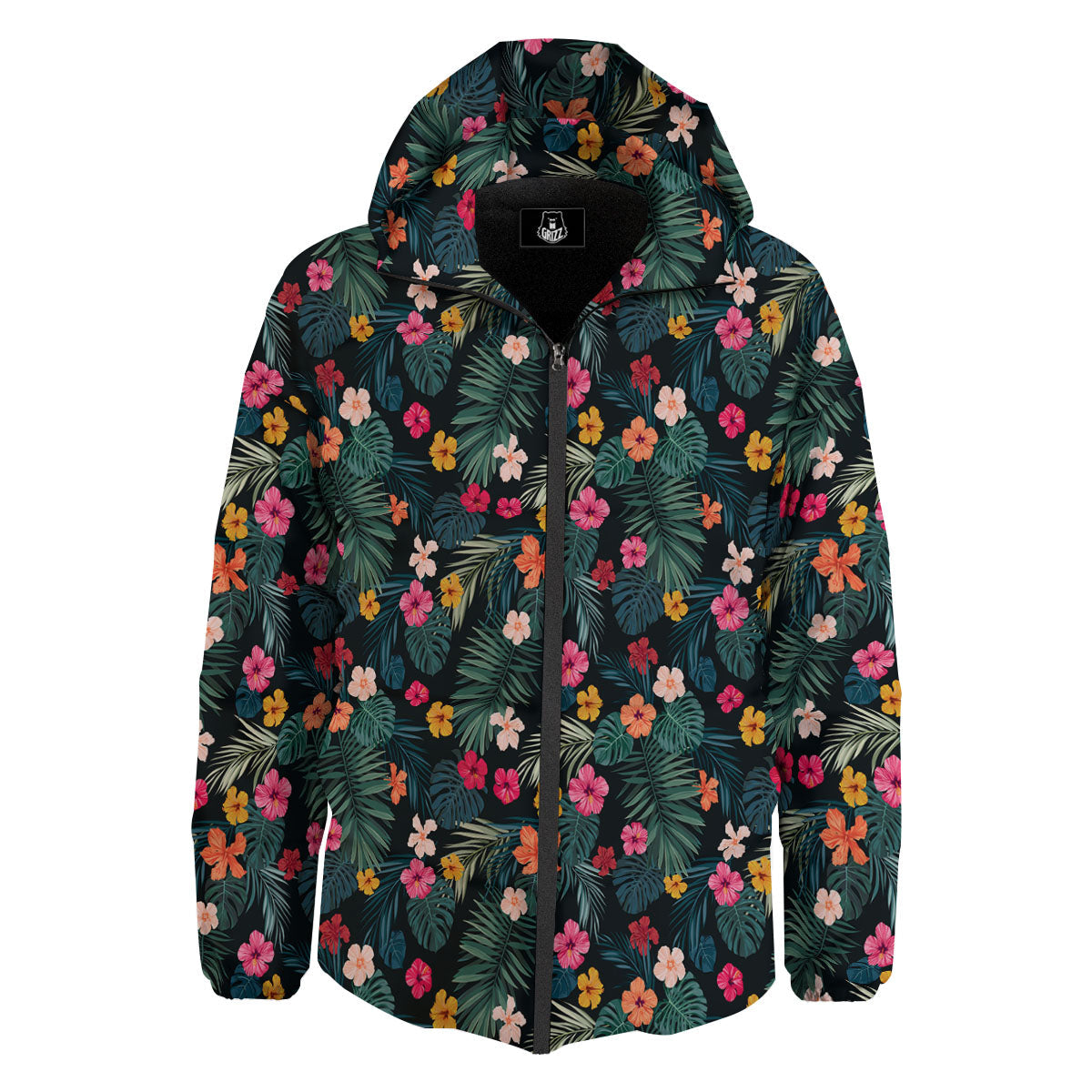 Hibiscus And Tropical Palm Print Pattern Down Jacket-grizzshop