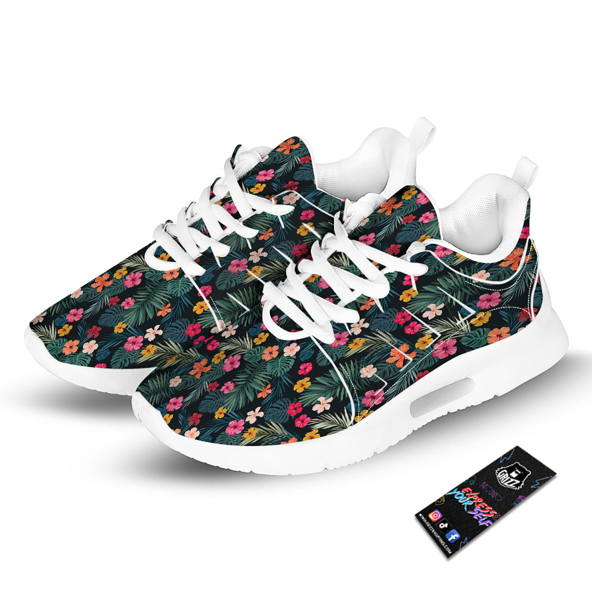 Hibiscus And Tropical Palm Print Pattern Tennis Shoes-grizzshop