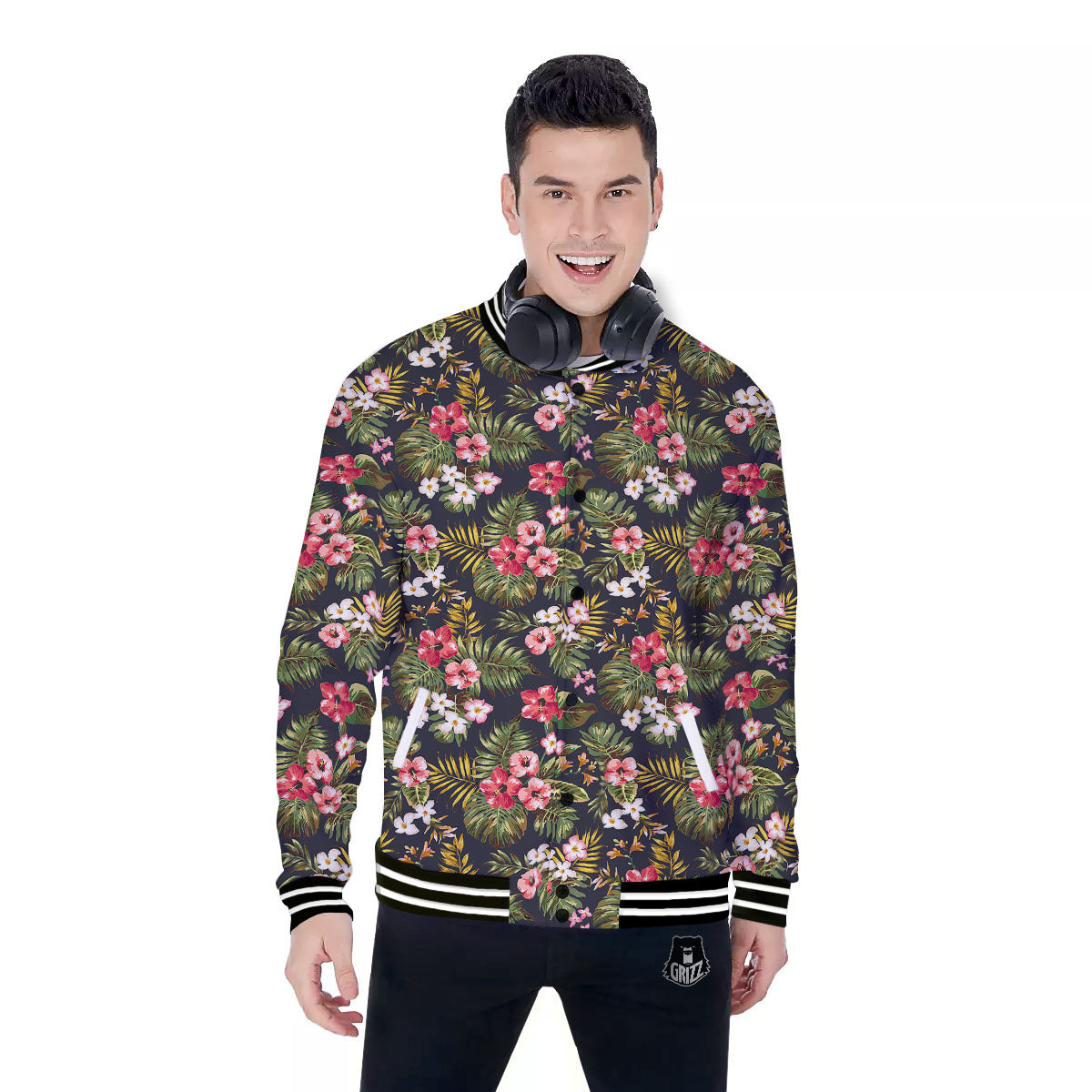 Hibiscus Blossom Tropical Print Pattern Baseball Jacket-grizzshop