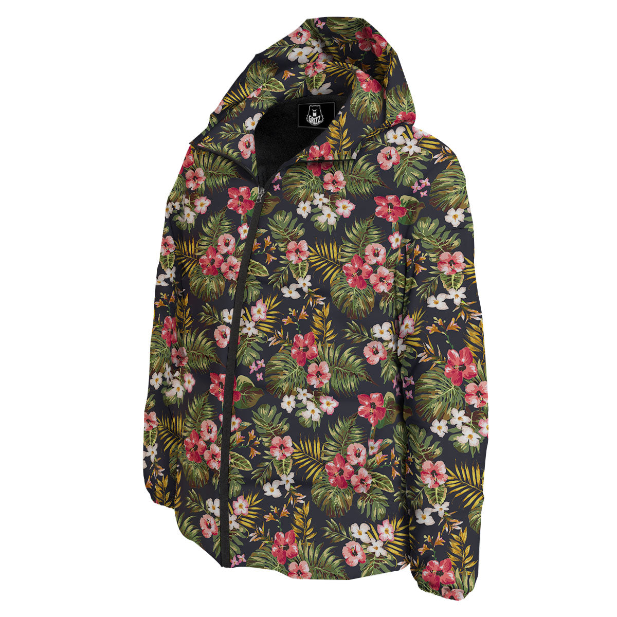 Hibiscus Blossom Tropical Print Pattern Down Jacket-grizzshop