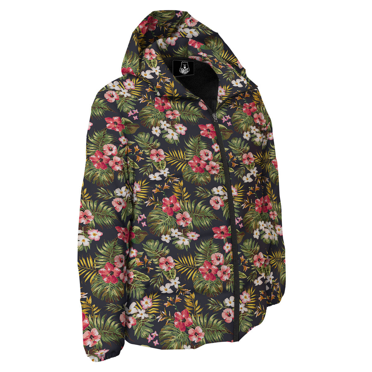 Hibiscus Blossom Tropical Print Pattern Down Jacket-grizzshop
