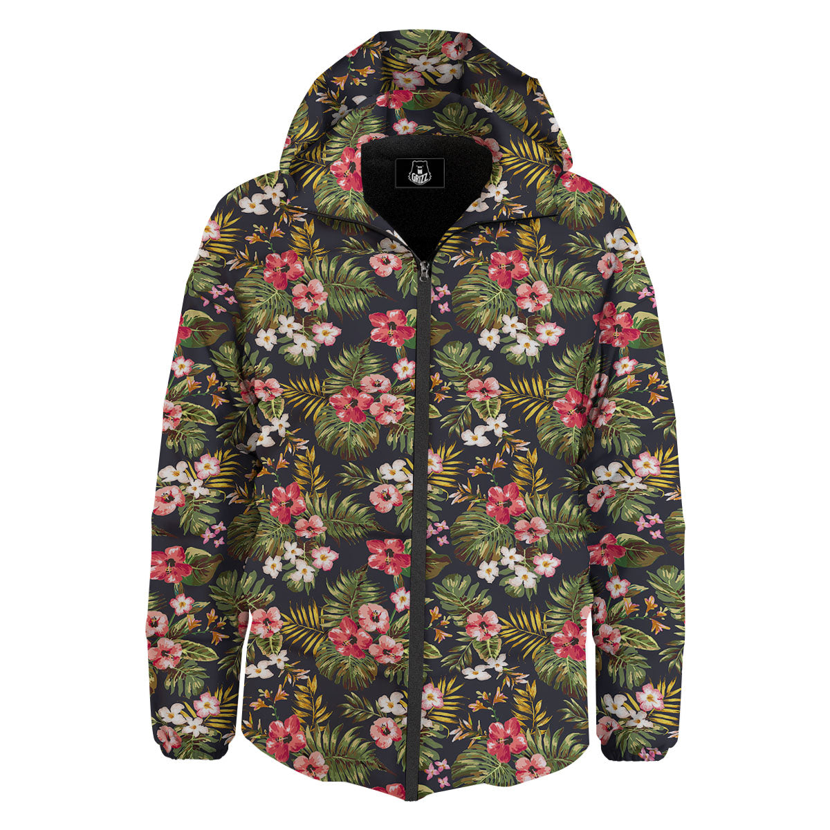 Hibiscus Blossom Tropical Print Pattern Down Jacket-grizzshop