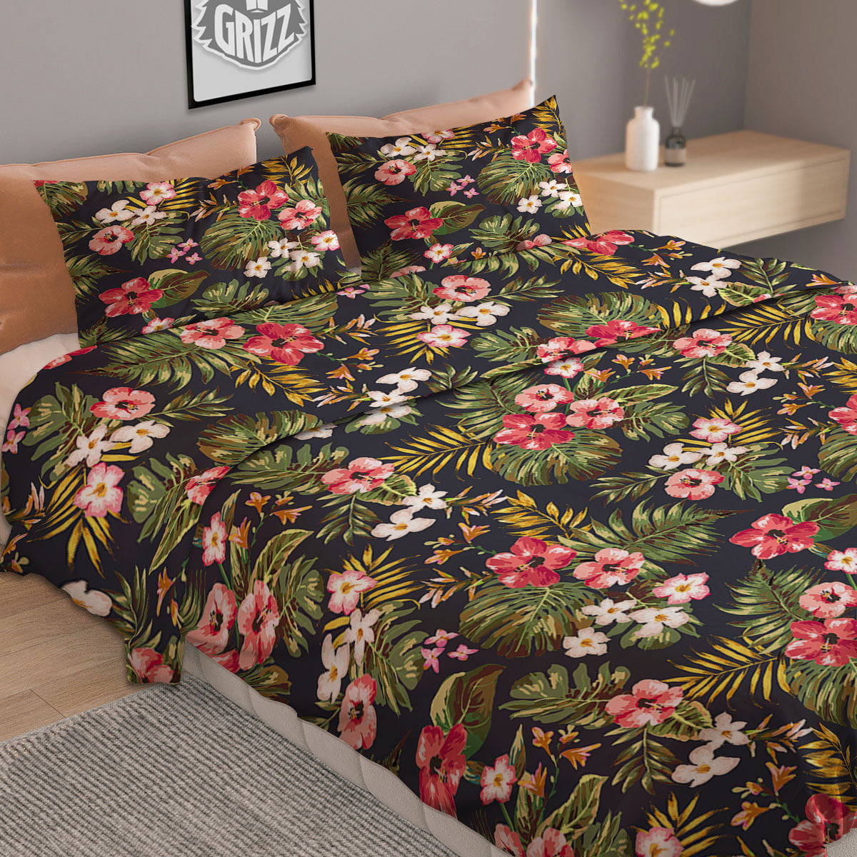 Hibiscus Blossom Tropical Print Pattern Duvet Cover Bedding Set-grizzshop