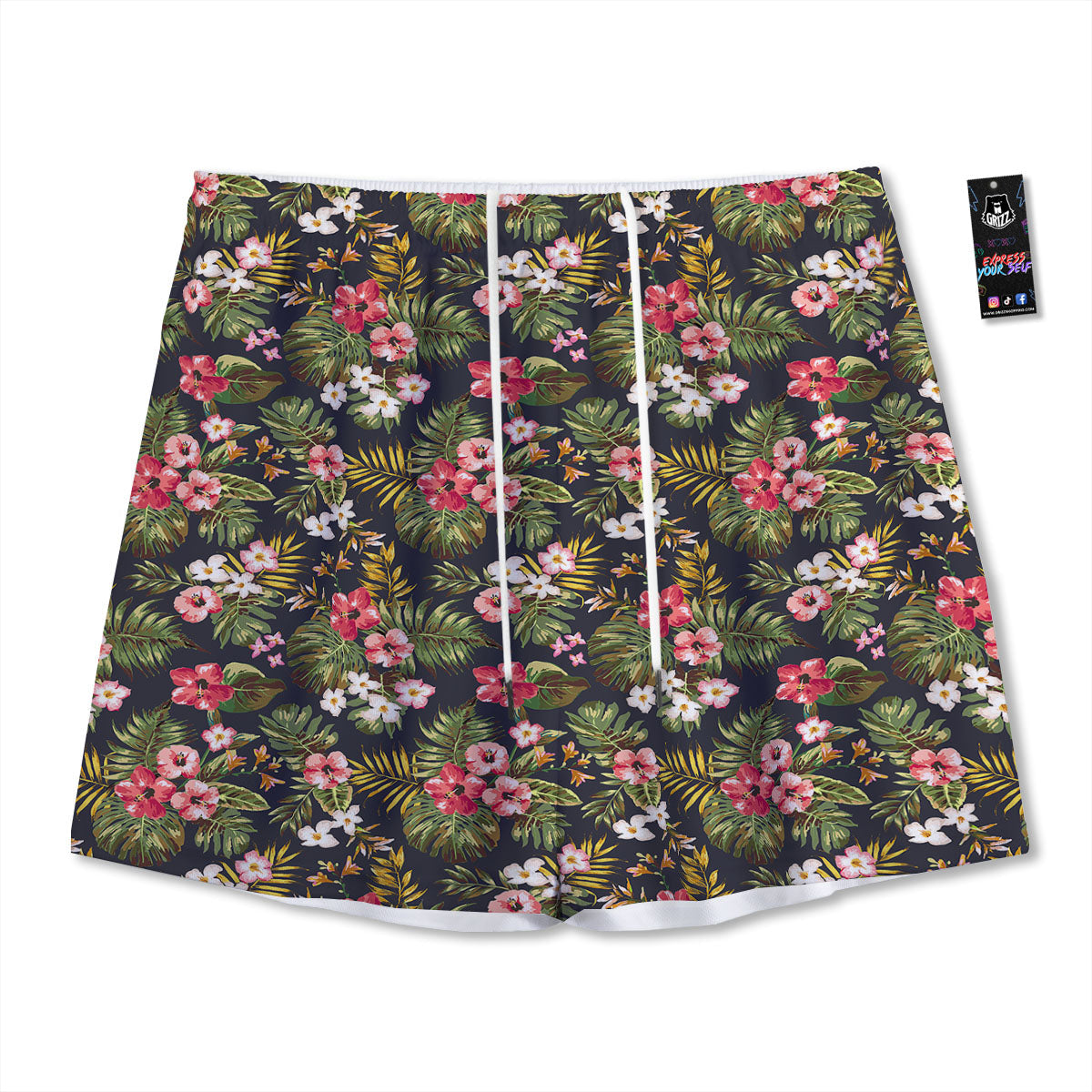 Hibiscus Blossom Tropical Print Pattern Mesh Shorts-grizzshop