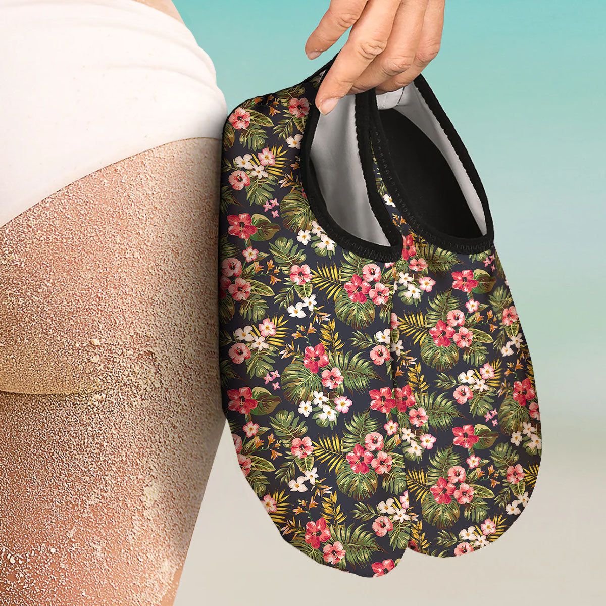 Hibiscus Blossom Tropical Print Pattern Water Shoes-grizzshop