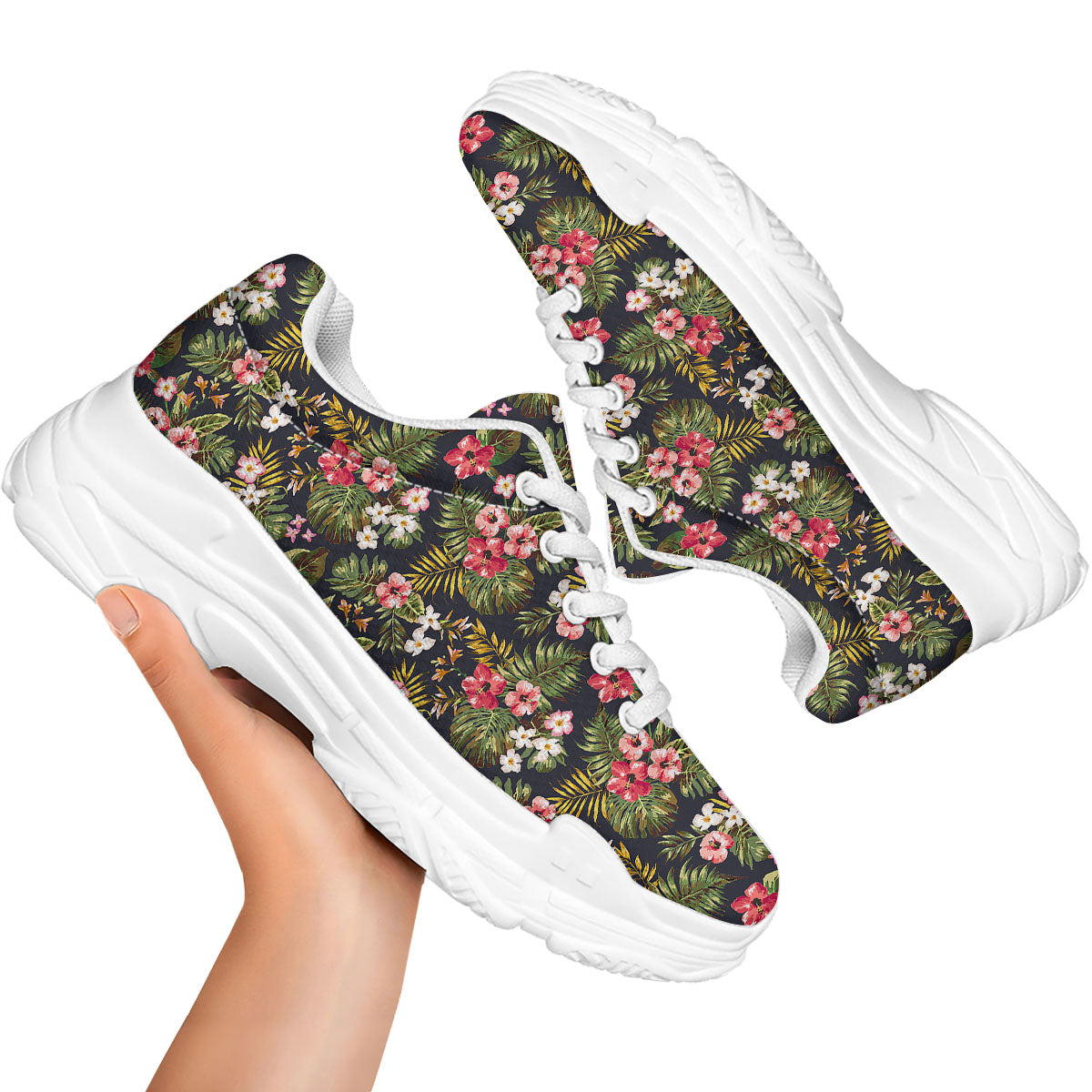Hibiscus Blossom Tropical Print Pattern White Chunky Shoes-grizzshop