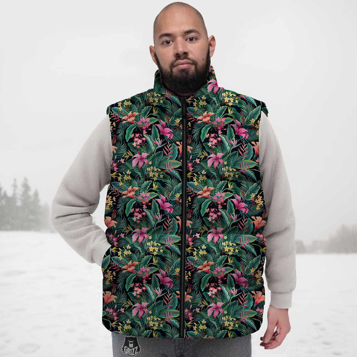 Hibiscus Exotic Tropical Print Pattern Down Vest-grizzshop