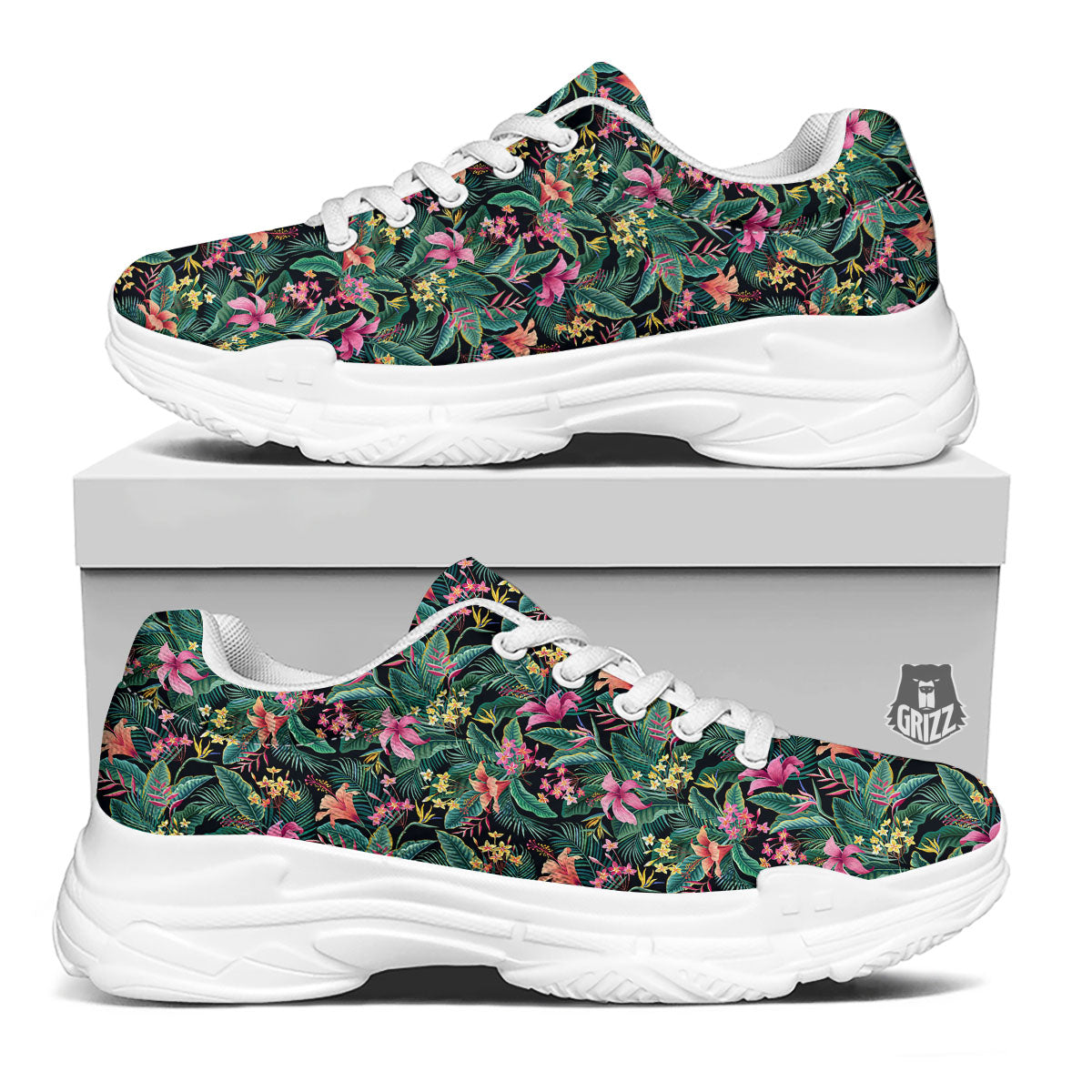 Hibiscus Exotic Tropical Print Pattern White Chunky Shoes-grizzshop