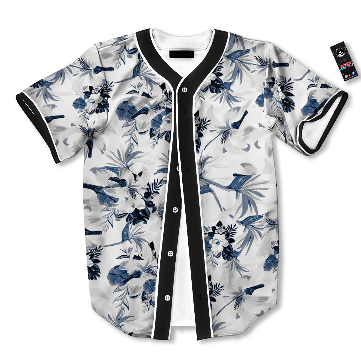 Hibiscus Floral White And Blue Print Pattern Baseball Jersey-grizzshop