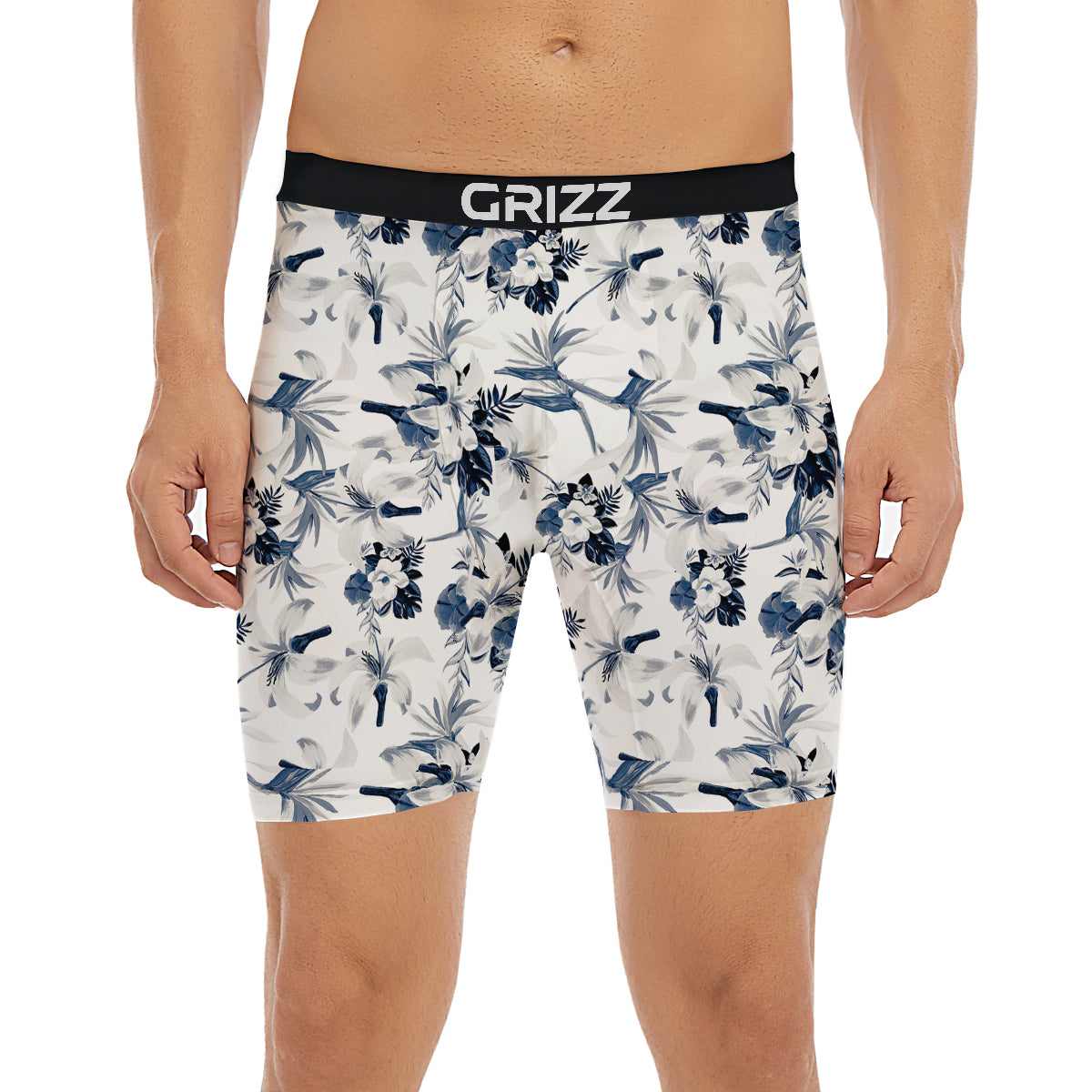 Hibiscus Floral White And Blue Print Pattern Boxer Briefs-grizzshop