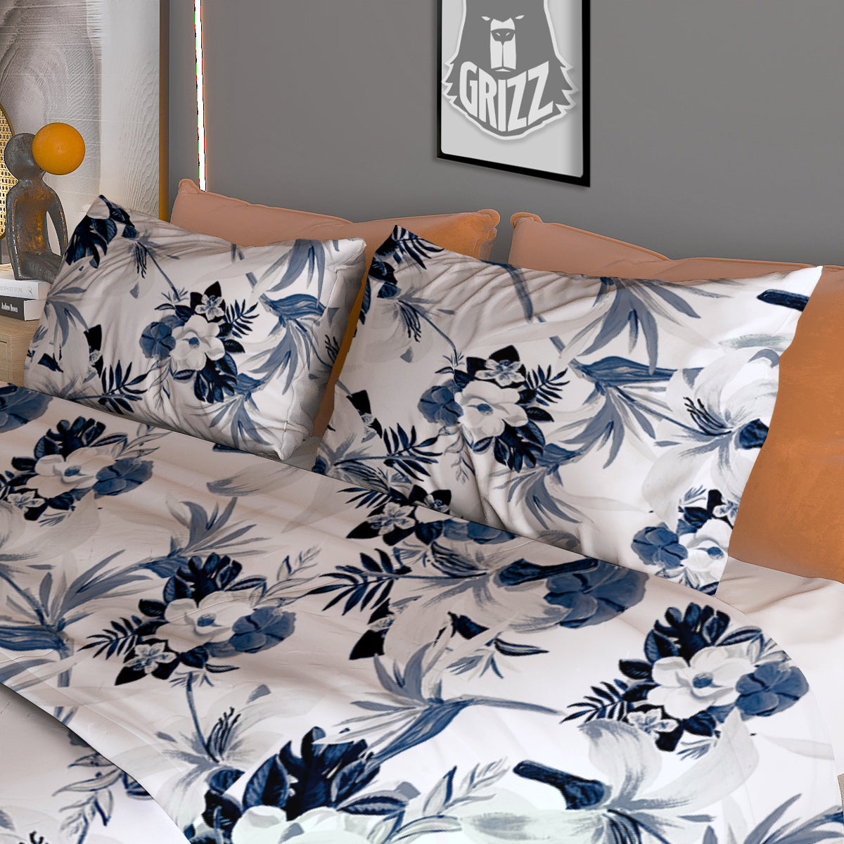 Hibiscus Floral White And Blue Print Pattern Duvet Cover Bedding Set