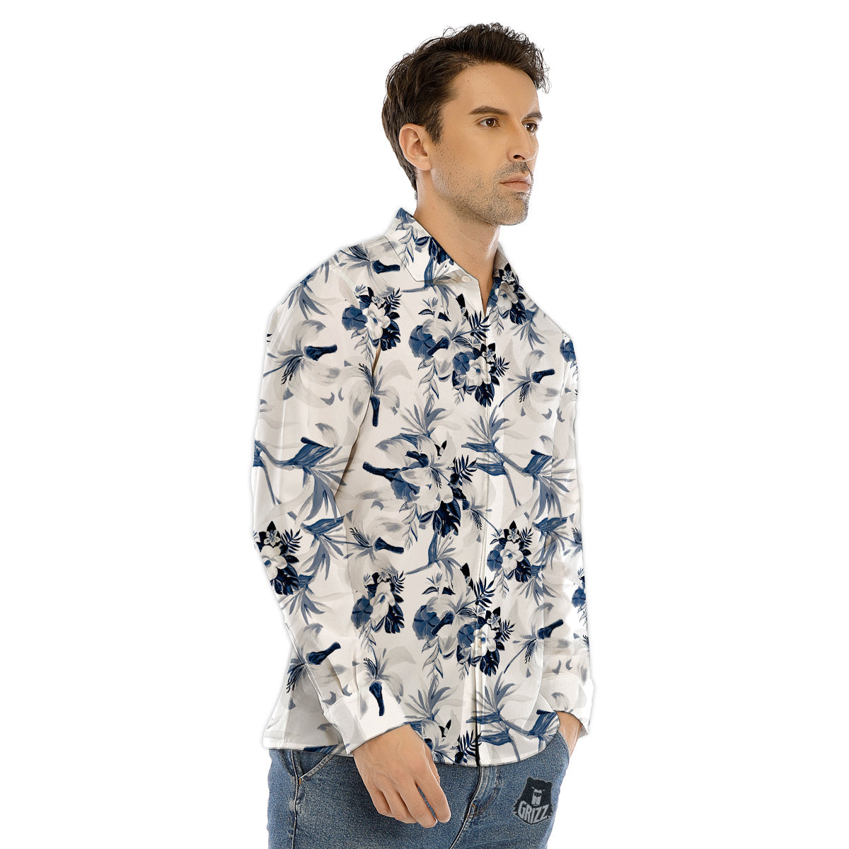 Hibiscus Floral White And Blue Print Pattern Men's Dress Shirts-grizzshop