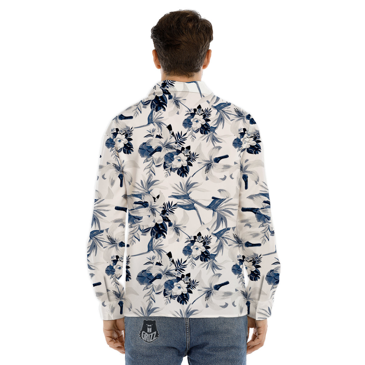 Hibiscus Floral White And Blue Print Pattern Men's Dress Shirts-grizzshop