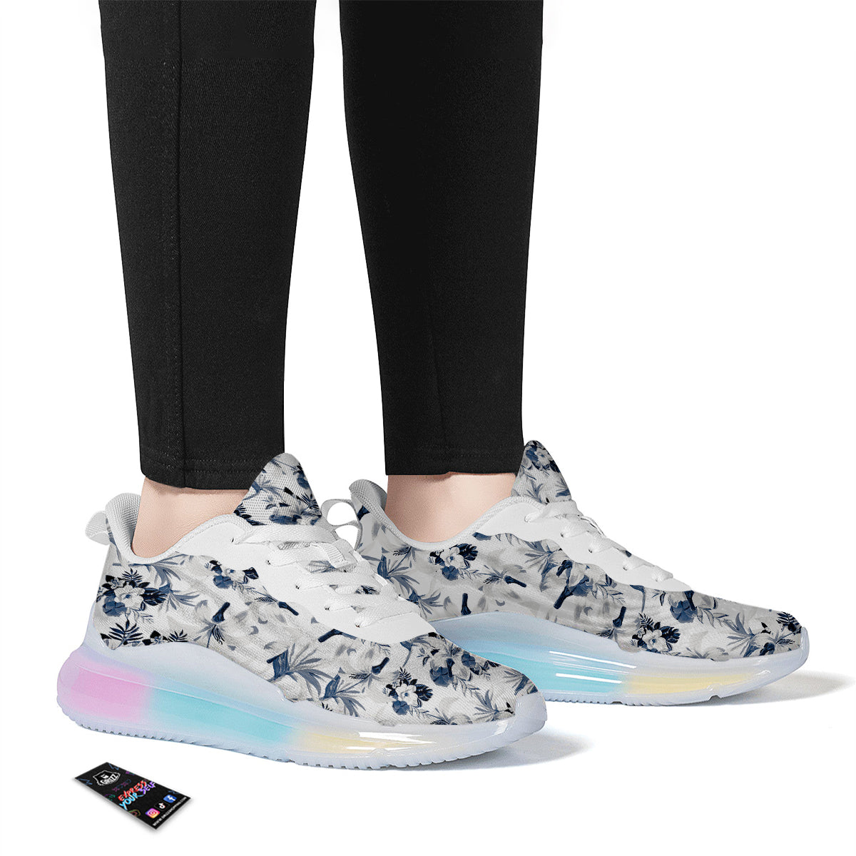 Hibiscus Floral White And Blue Print Pattern Running Sneakers-grizzshop