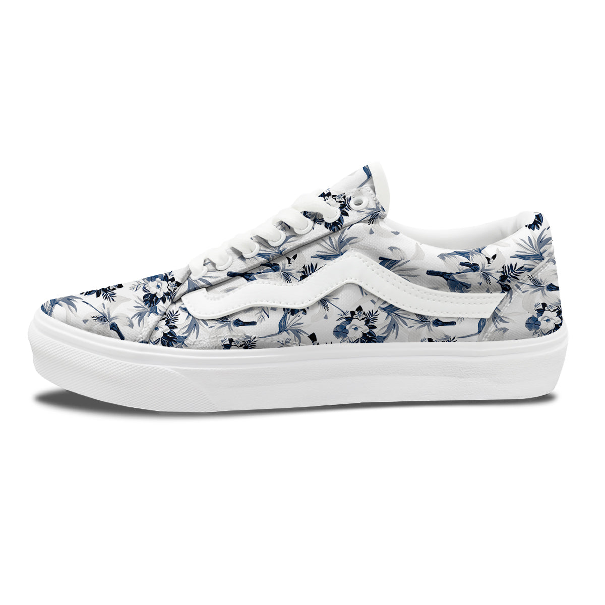 Hibiscus Floral White And Blue Print Pattern Skate Shoes-grizzshop