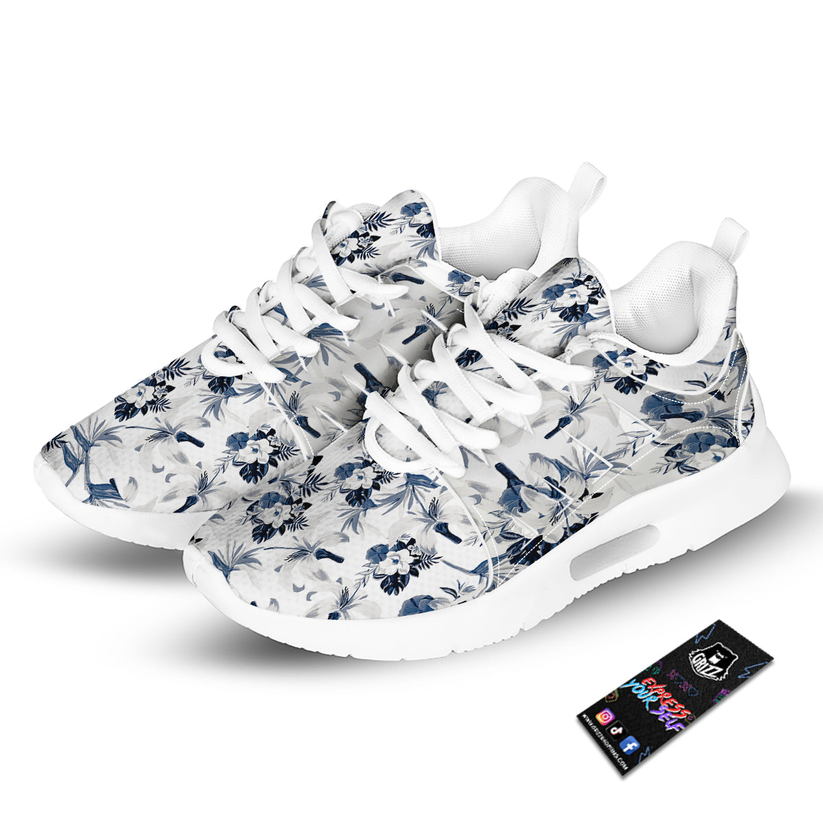 Hibiscus Floral White And Blue Print Pattern Tennis Shoes-grizzshop