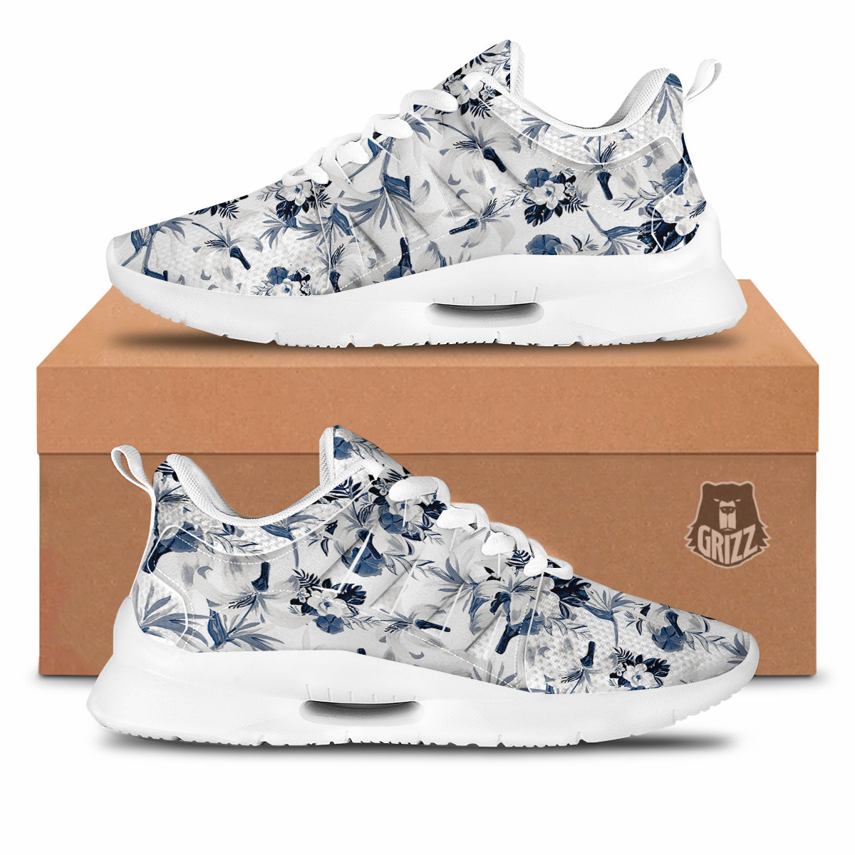 Hibiscus Floral White And Blue Print Pattern Tennis Shoes-grizzshop