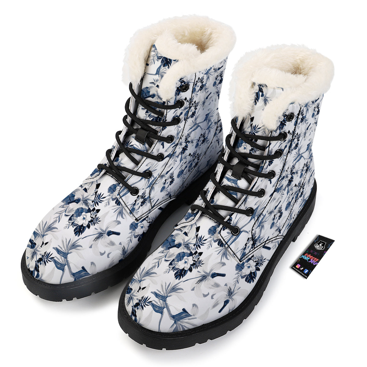 Hibiscus Floral White And Blue Print Pattern Winter Boots-grizzshop