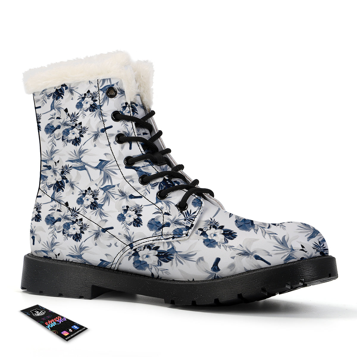 Hibiscus Floral White And Blue Print Pattern Winter Boots-grizzshop