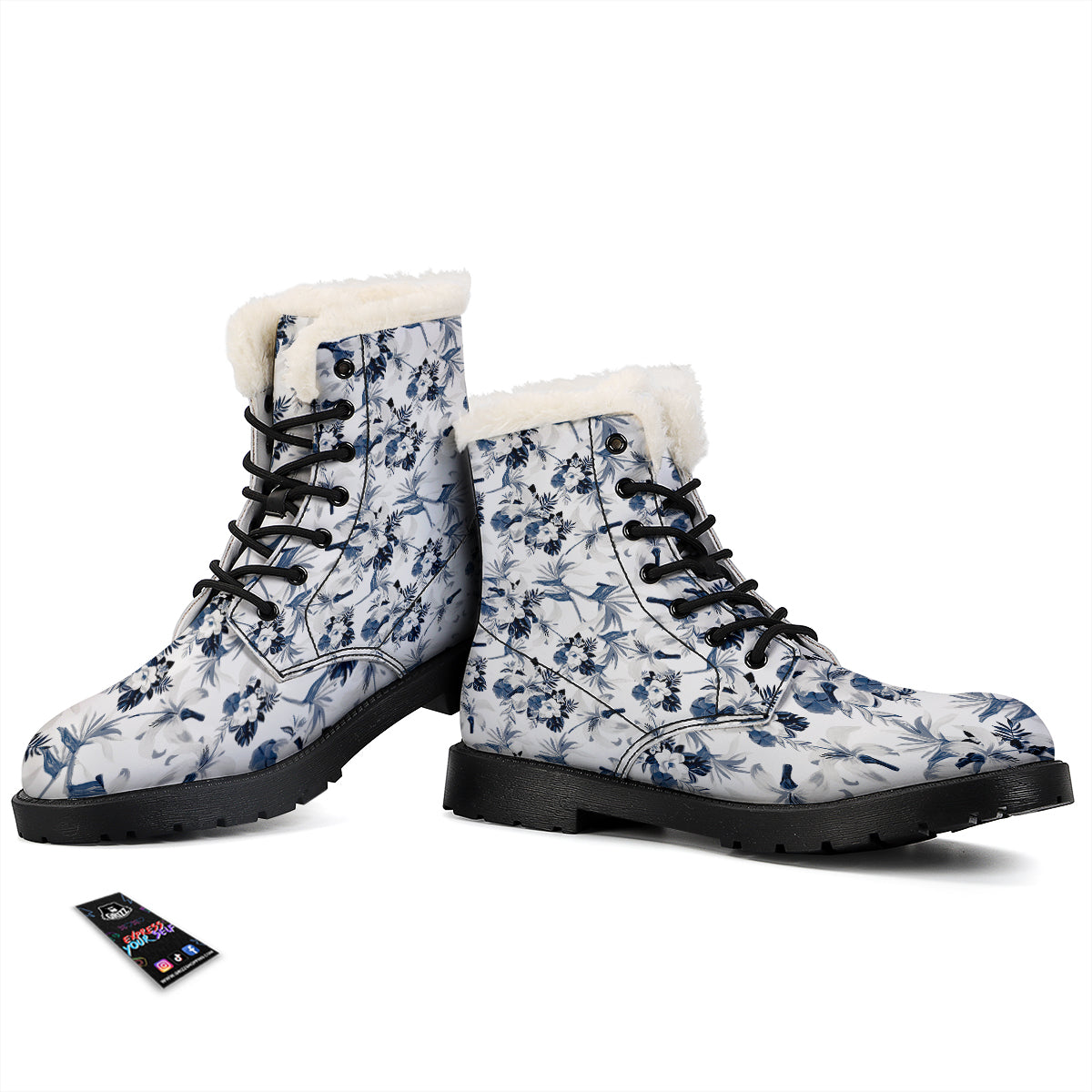 Hibiscus Floral White And Blue Print Pattern Winter Boots-grizzshop