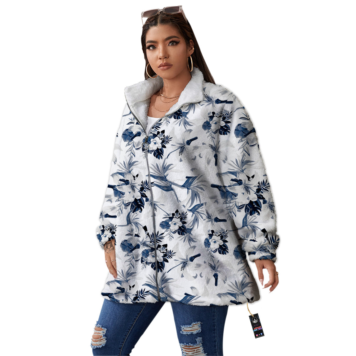 Hibiscus Floral White And Blue Print Pattern Women's Sherpa Jacket-grizzshop