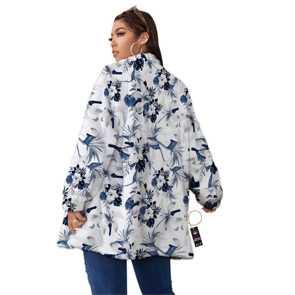 Hibiscus Floral White And Blue Print Pattern Women's Sherpa Jacket-grizzshop