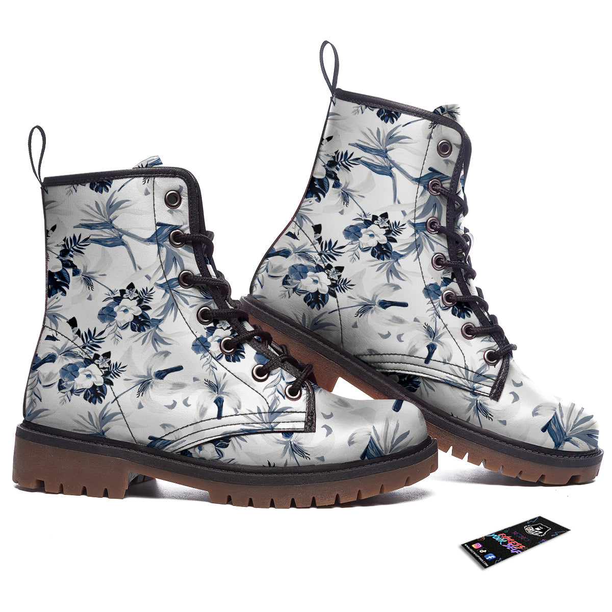 Hibiscus Floral White And Blue Print Pattern Work Boots-grizzshop