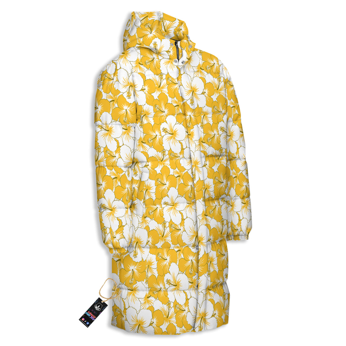 Hibiscus Flower And Camo Yellow Print Pattern Long Down Jacket-grizzshop