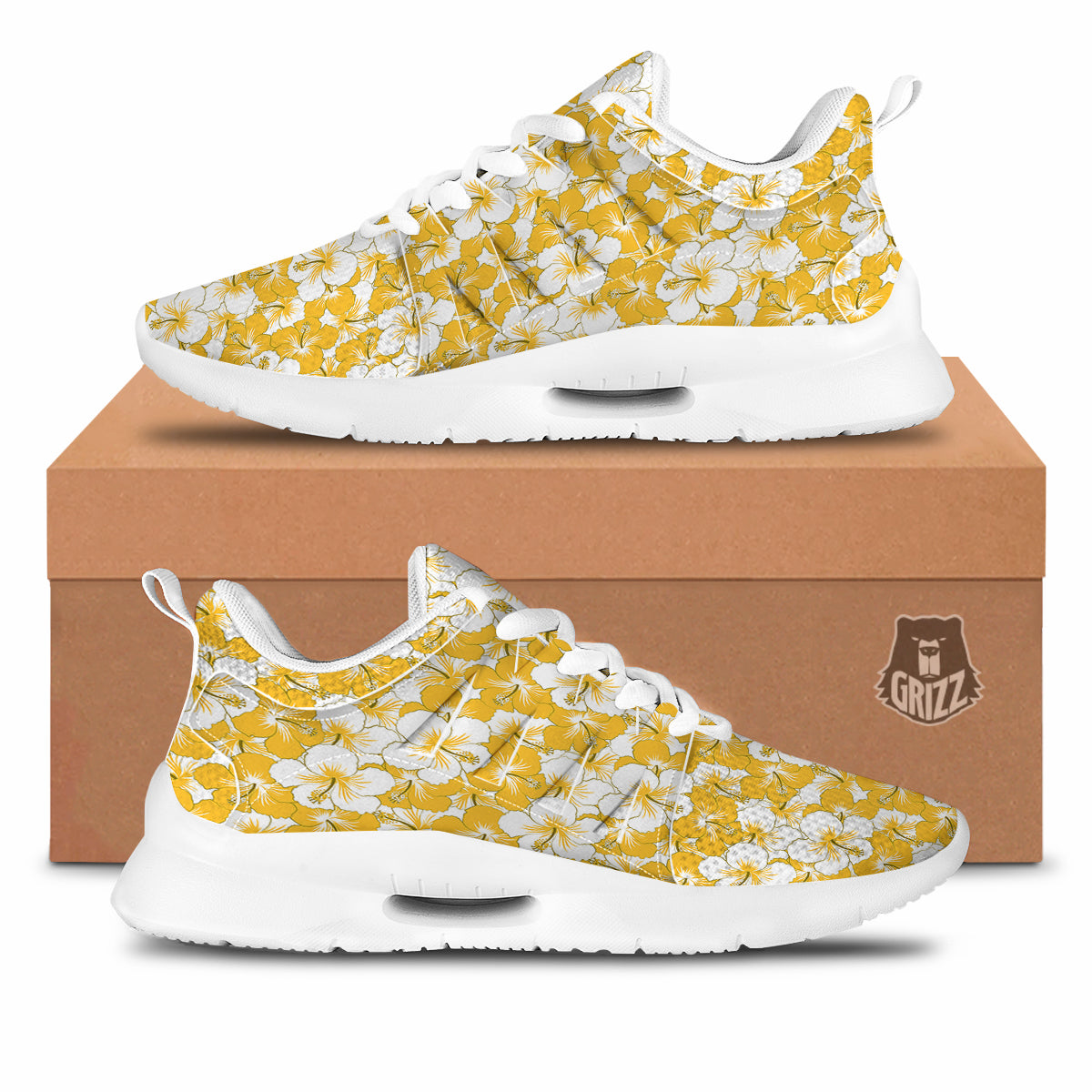 Hibiscus Flower And Camo Yellow Print Pattern Tennis Shoes-grizzshop