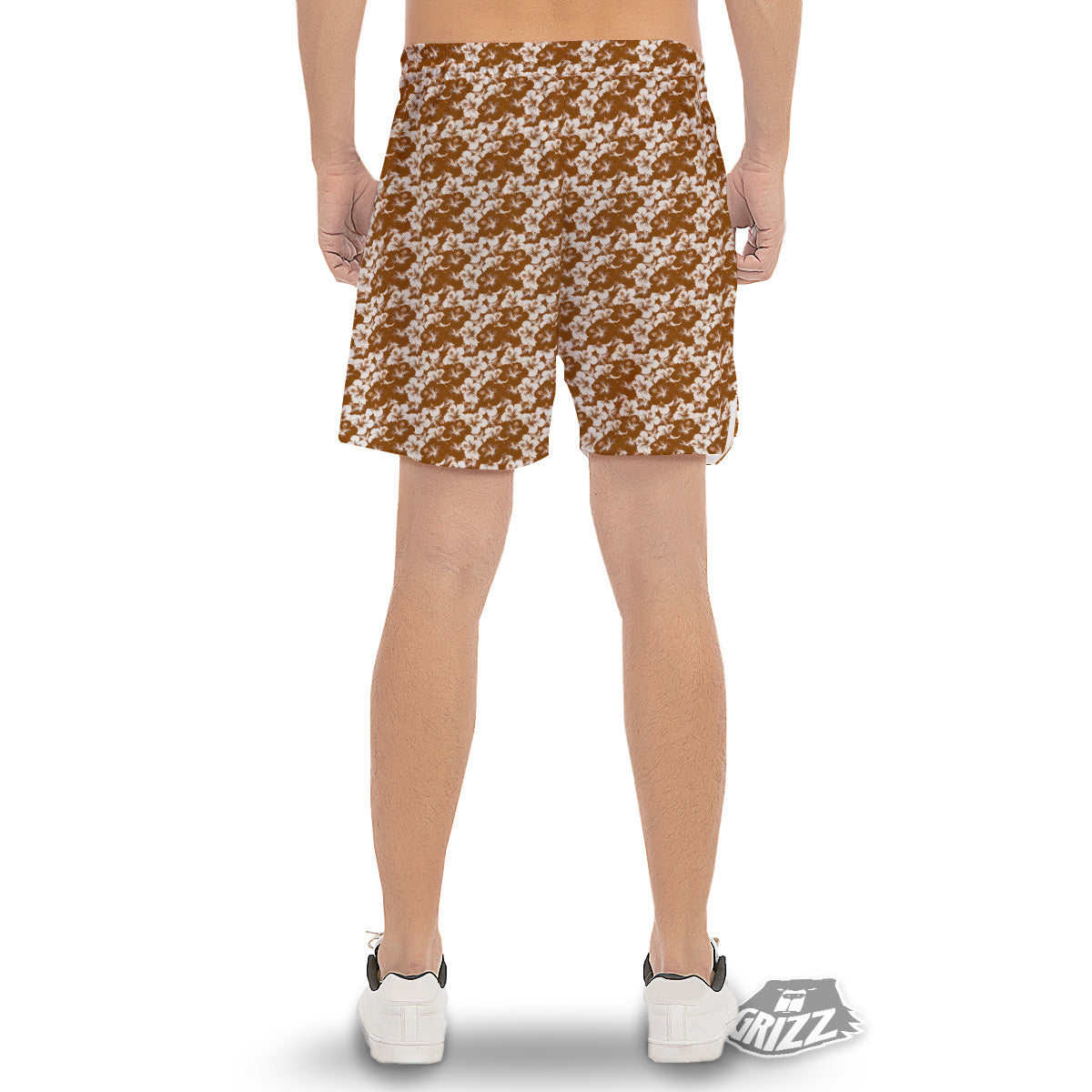 Hibiscus Flower Brown Camo Print Men's Gym Shorts-grizzshop