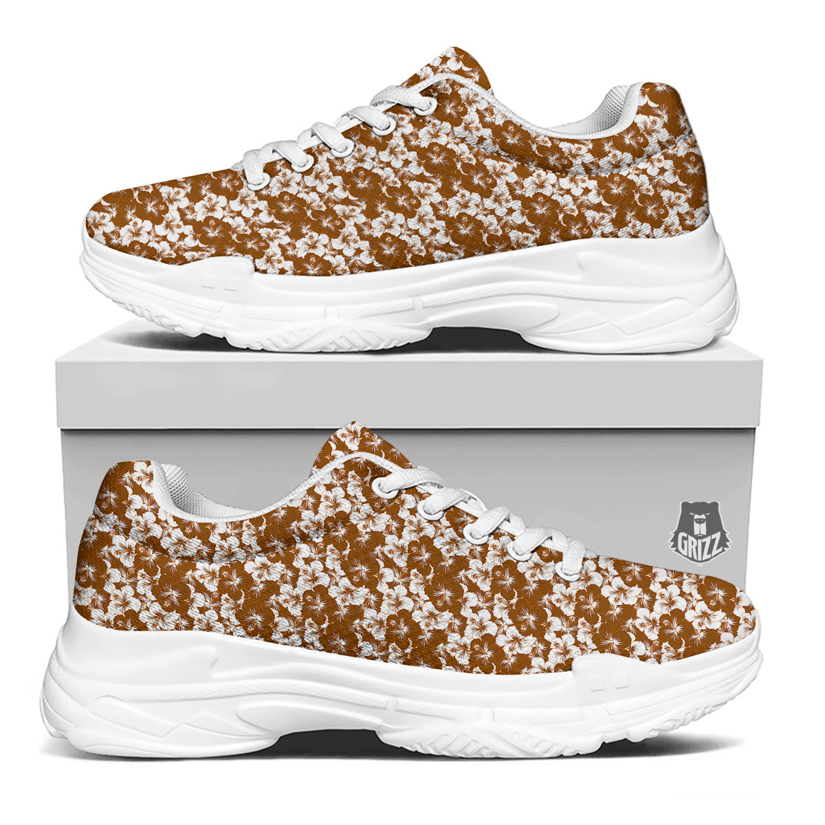 Hibiscus Flower Brown Camo Print White Chunky Shoes-grizzshop