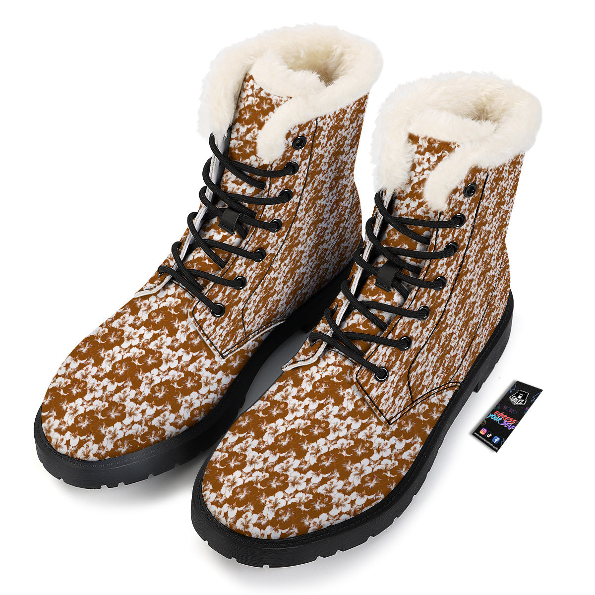 Hibiscus Flower Brown Camo Print Winter Boots-grizzshop