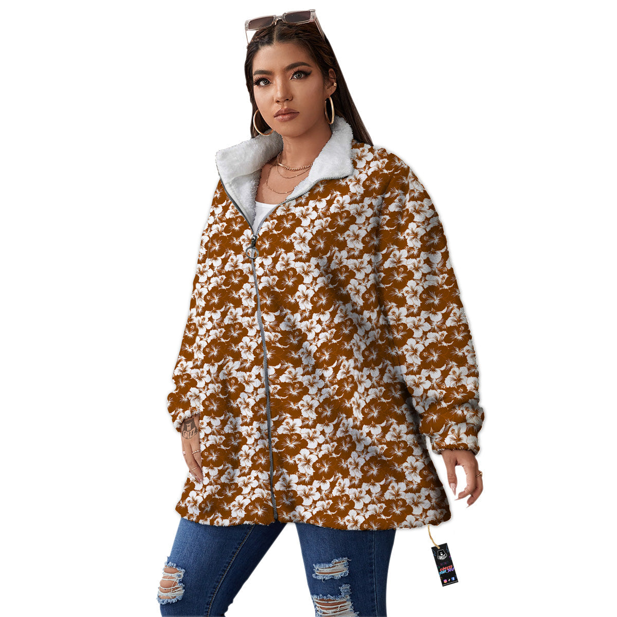 Hibiscus Flower Brown Camo Print Women's Sherpa Jacket-grizzshop
