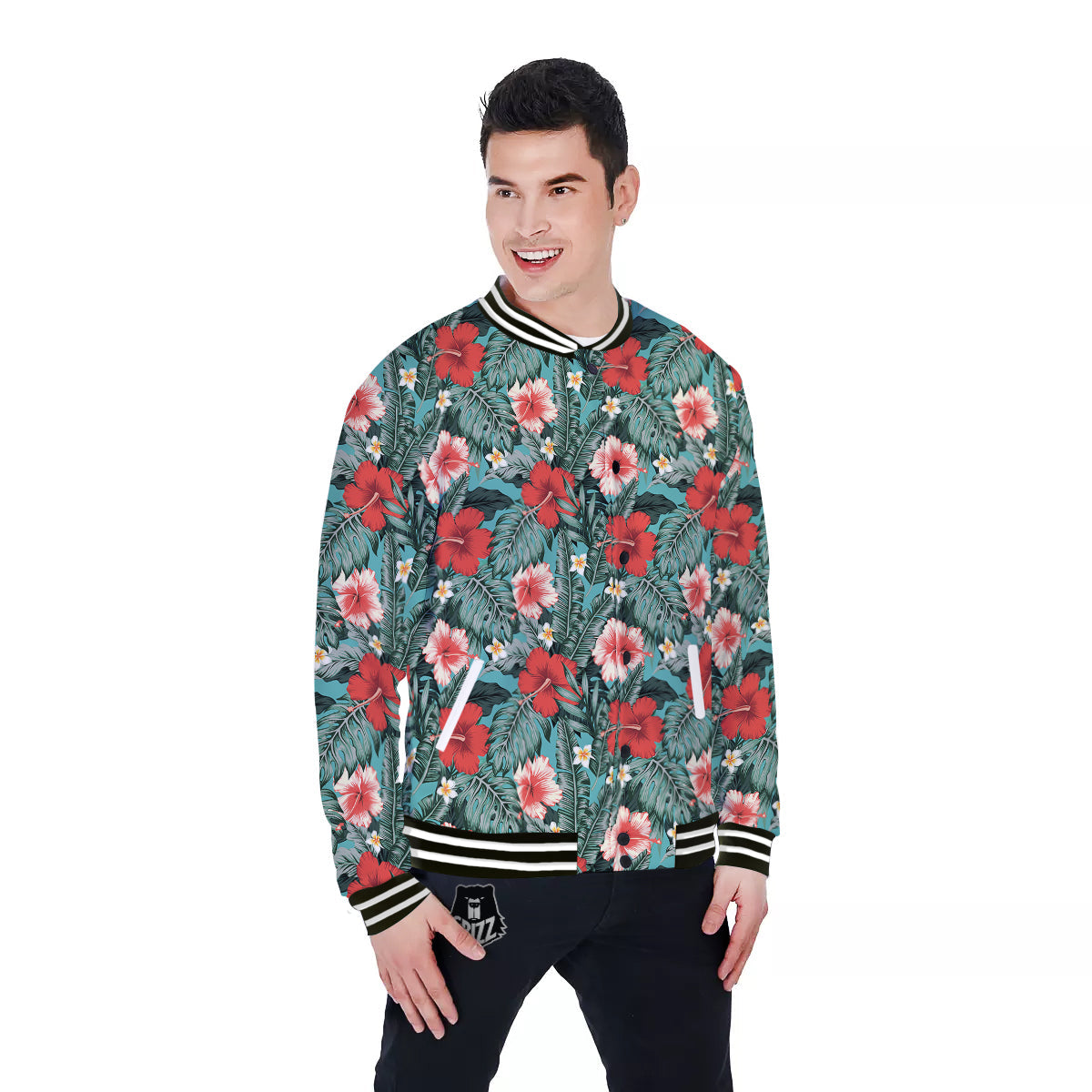 Hibiscus Flowers Tropical Print Pattern Baseball Jacket-grizzshop