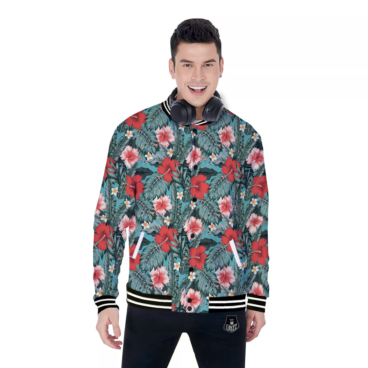 Hibiscus Flowers Tropical Print Pattern Baseball Jacket-grizzshop